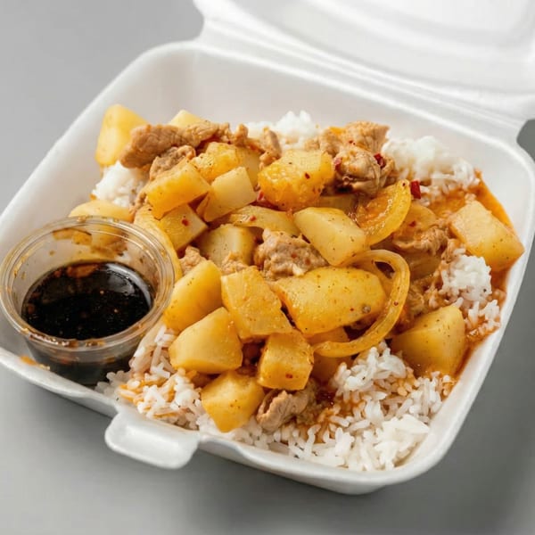 Curry chicken and potatoes with white rice and a side of dark sauce in a takeout container.