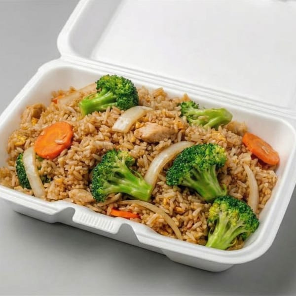 Chicken fried rice with broccoli, carrots, and onions in a white takeout container.