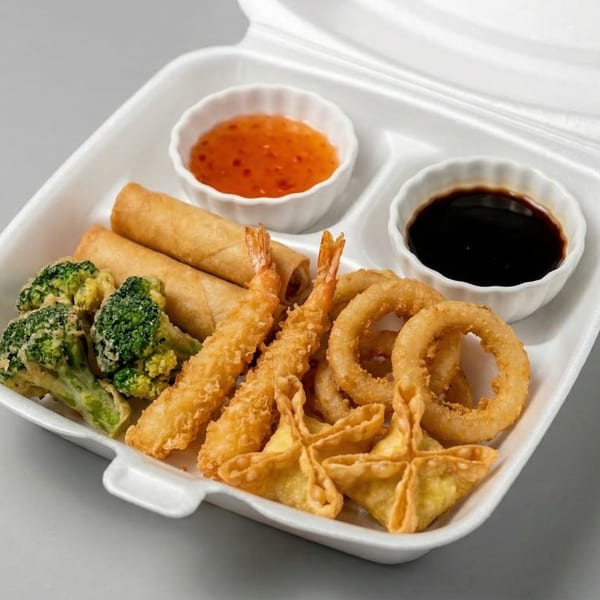 A takeout container filled with fried shrimp, egg rolls, broccoli, onion rings, and crab rangoons with dipping sauces.