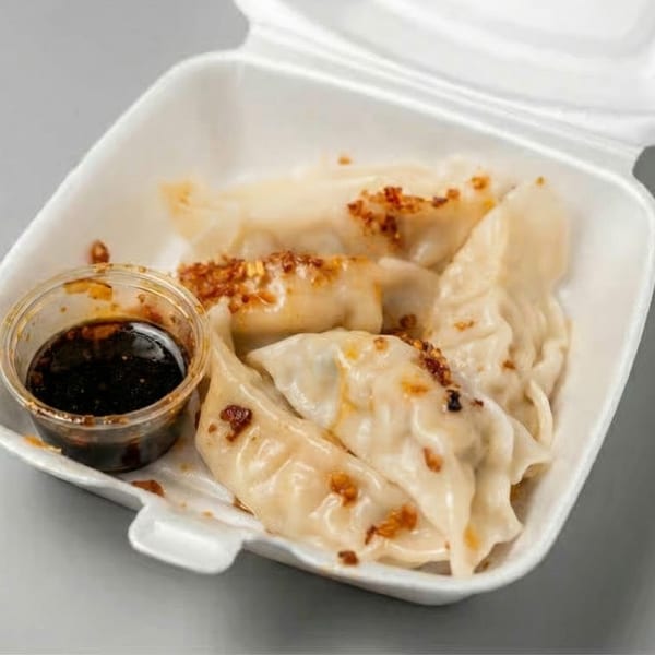 Steamed dumplings topped with crispy garlic and chili flakes, served with soy sauce in a takeout container.