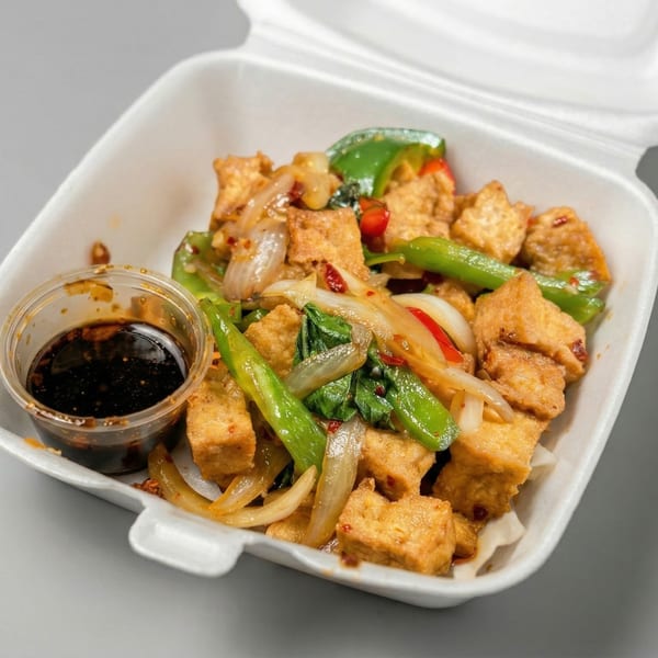 Stir-fried tofu with green peppers, onions, and basil in a white takeout container with sauce.