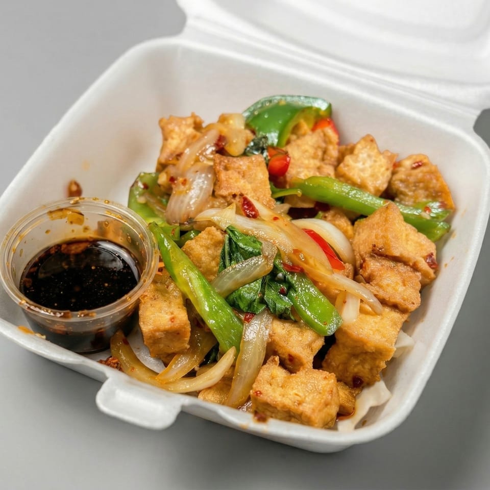 Stir-fried tofu with green peppers, onions, and basil in a white takeout container with sauce.